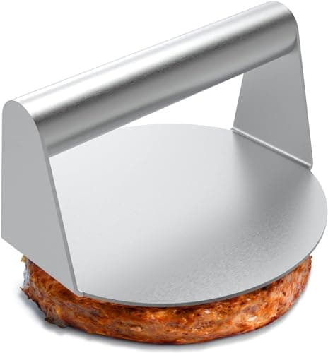 JENNY FRIDA Stainless Steel Burger Press, 6.2 Inch Round Smasher, Non-Stick Smooth Hamburger Press Flat Bottom Without Ridges, Bacon Grill Perfect for Top Griddle Cooking…, silver, YRQ03-01