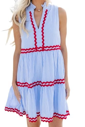 Kuraki Women's Sleeveless Striped Red Trim Tiered A-Line Dress Light Blue XL
