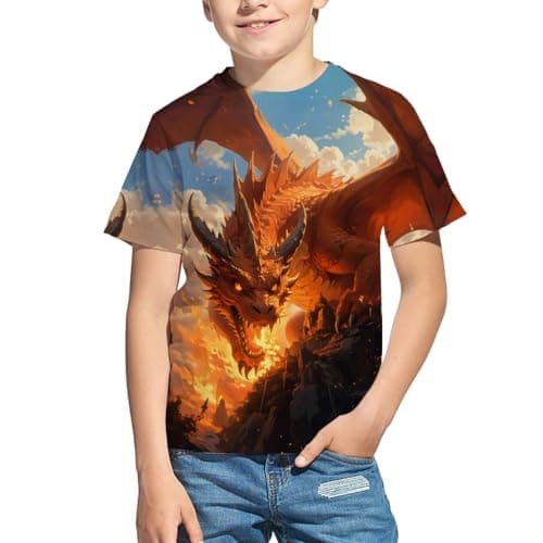 Kids 3D Print Graphic Tees Funny Fire Dragon Short Sleeve T Shirts for Youth Boys Girls 4-14 Years (US, Age, 5 Years, 6 Years, Loo-02)