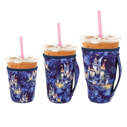 Snowso 3 Pack Iced Coffee sleeve Insulated Neoprene Cup Sleeves with handle For Cold Drinks Beverages, Reusable Cup Holder for 16oz-32oz Coffee Cups (Castle in the Sky)