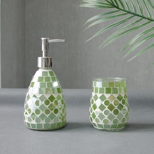 ELEGANTZ Bathroom Accessory Set – Mosaic Bathroom Accessories Set with Glass Soap Dispenser and Toothbrush Holder – Decorative Bathroom Accessories Countertop for Modern Bathroom Decor