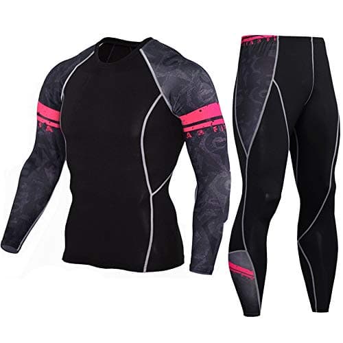 Men's Workout Set Compression Shirt and Pants Top Long Sleeve Sports Tight Base Layer Suit Quick Dry & Moisture-Wicking Red Line XL