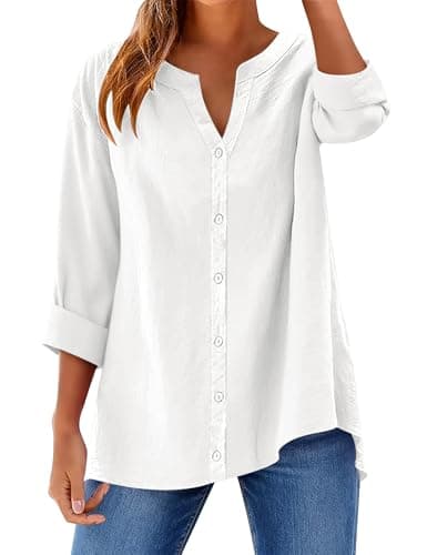 LOMON Women's Button Down Shirts Long Sleeve Button Up Shirt V Neck Cotton Linen Dressy Casual Blouse White L