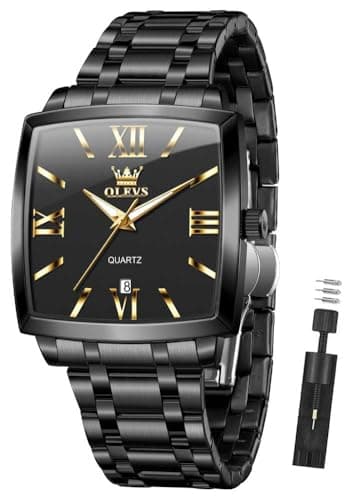 OLEVS Black Watch for Men Square Luxury Stainless Steel Big Face Mens Watch
