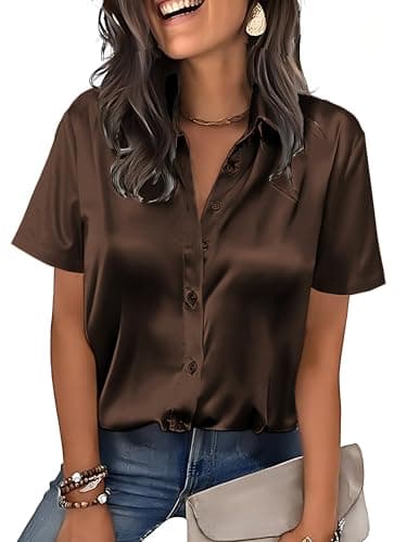 Mawor Satin Button Down Shirts for Women Silk Short Sleeve Blouses Summer Dress Shirt Business Casual Tops Work Up Outfits Brown M