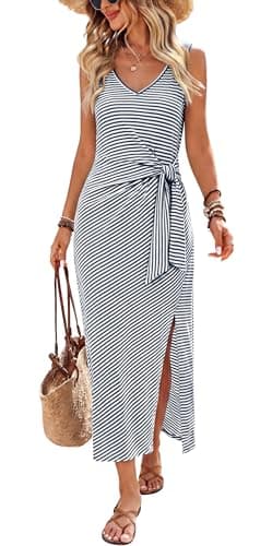 OFEEFAN Formal Dresses for Women Flowy Summer Maxi Dresses for Women V Neck Tie Waist Midi Dress Business Casual Outfits Vestidos Casuales para Mujer Striped Navy Blue M