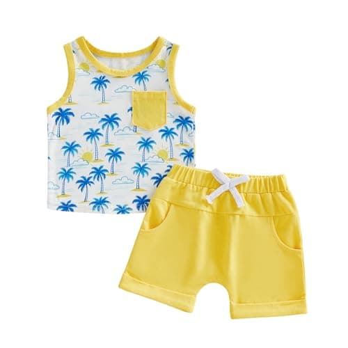 GGBNOMER Toddler Baby Boy Summer Clothes Boat/Tree/Dinosaur Print Tank Vest Top + Elastic Waist Shorts Sets Outfits (Tree Yellow, 18-24 Months)