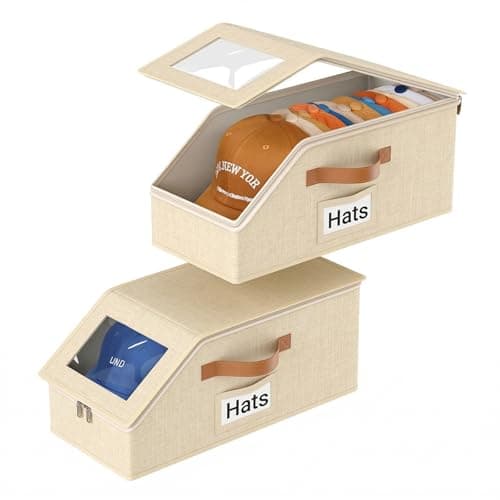 IACTIVE 2 Pack Hat Organizer for Baseball Caps, Stackable Hat Storage Box for Closet, Cap Organizer & Cowboy Hat Case, Dustproof Hat Holder for Snapback Trucker Hats, Beige Hat Box
