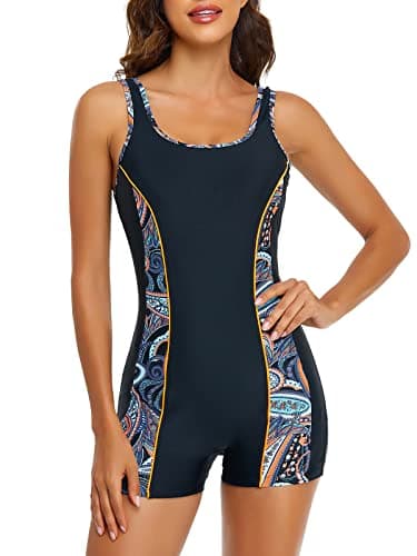 Ocean Blues Women's Paisley Floral Athletic Boyshorts One Piece Bathing Suit with Contrasting Panels Swimsuits Built-in Bra Active Swimwear Size XX-Large