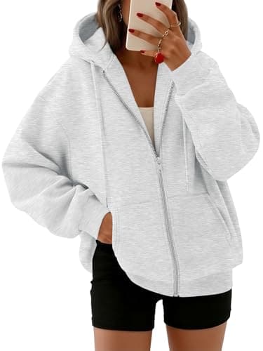 Trendy Queen Womens Oversized Zip Up Hoodies Y2K Fall Sweatshirts 2026 Grey M
