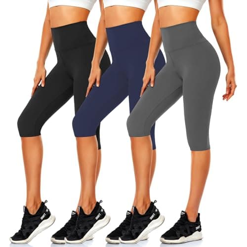 CTHH 3 Pack Capri Pants with Pockets - High Waisted Knee Length Yoga Leggings, Workout Biker Shorts for Women Running Summer(No Pockets,Black/Gray/Navy,Large-X-Large)