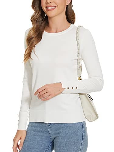 Women Crewneck White Sweaters Lightweight Long Sleeve Knit Tops Dressy M