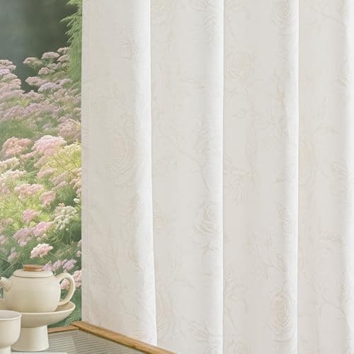 FMFUNCTEX Beige Floral Jacquard Curtains for Bedroom, Rose Flower Patterned Curtains 63 Inch Length Light Filtering Drapes for Living Room, Double Sided Design Drapes Grommet Top 2 Panles
