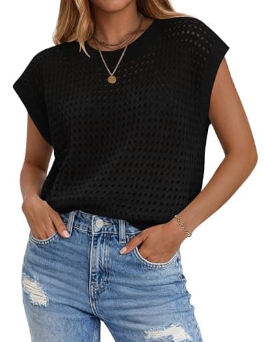 Zeagoo Womens Spring Summer Crochet Tops Cap Sleeve Sweater Vest Hollow Out Pullover Shirts Beach Vacation Clothes Black