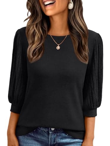 AUTOMET 3/4 Length Sleeve Womens Tops Puff Lightweight Spring Sweaters Business Dressy Casual Work Blouses Cute T Shirts Black 2XL