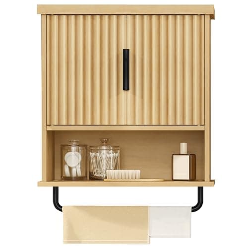 VASAGLE MAXE Collection - Bathroom Cabinet Wall Mounted, Over Toilet Hanging Cabinet with Adjustable Shelf, Towel Bar, Fluted Doors, 7.9 x 17.7 x 24 Inches, Transitional, Oak Beige UBBK137Y01S
