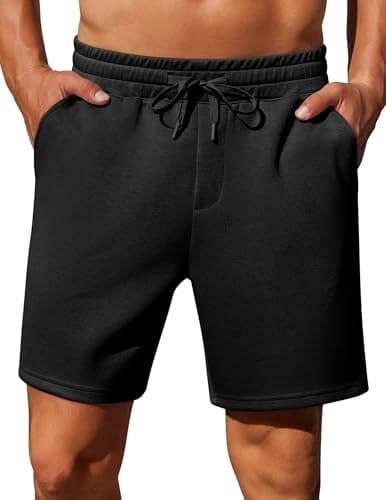 PINSPARK Mens Lounge Sweat Shorts, 7" Casual Elastic Waist Gym Workout Shorts with Drawstring Black