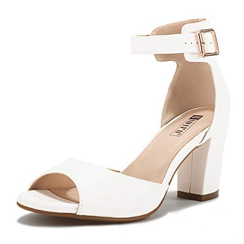 IDIFU Women's Candie-MI Peep Toe Low Block Heels Sandals Ankle Strap Comfy Chunky Wedding Dress Shoes (White Pu, 8.5 M US)
