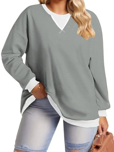 DOLNINE Women'S Plus Size Sweatshirts Loose Fit Pullover Sweatersspring Drop Shoulder Shirts 1X Grey