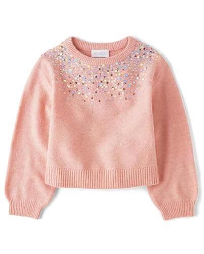 The Children's Place,Girls,Long Sleeve Crew Neck Pullover Sweater,Rose Dust Sequin,XX-Large