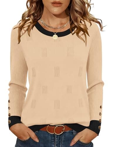 AKEWEI Plus Size Color Block Sweaters Casual Tops for Women Petite Long Sleeve Teacher Shirts(Apricot Black,Large)