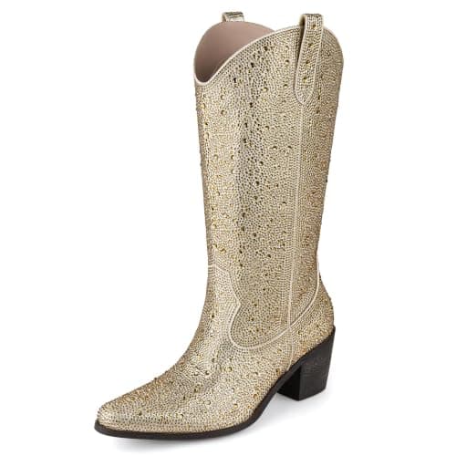 MISSMILLER Women’s Rhinestone Cowboy Boots Mid Calf Pointed Toe Sparkly Block Heel Cowgirl Boots with Pull On Tabs