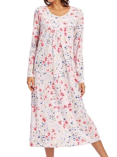 FMIRREO Long Cotton Nightgown Women's Long Sleeve Sleepwear Full Length Night Dress Soft Comfy Button Loungewear Pink Red Green Flower-XXL