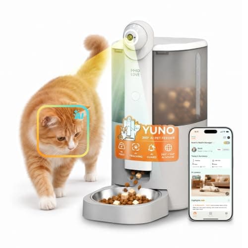 HHOLOVE Yuno AI Smart Automatic Cat Feeder with 2K 360° Camera Auto-Track, AI Health Insights, Two-Way Audio, Night Vision Camera, 2.4G&5G WiFi, Small Dog Feeder, 5L