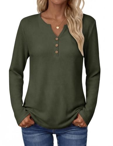 Zeagoo Blouses for Women 2026 Dressy Casual Tunic Long Sleeve Womens Tops Floral V Neck Shirts Waffle Knit Tops for Women XL Army Green