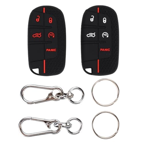2PCS Key Fob Cover Compatible with Grand Cherokee, Renegade, Dodge Charger, Challenger, Dart, Durango, Journey 300 Key Fob Case (Black White+Black red)