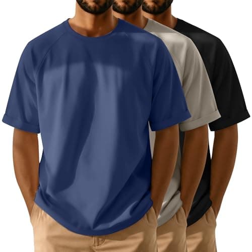 August Alley 3 Pack Men' s Oversized T-Shirts Short Sleeve Loose Fit Shirt Workout Tops Crew Neck Casual Rolled Sleeve Tees(Black, Light Coffee, Denim Blue,Medium)