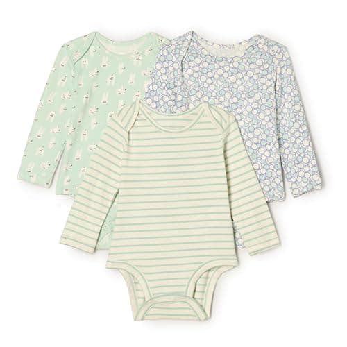 Amazon Essentials x Sofia Grainge Unisex Babies' Long Sleeve Crew Neck Bodysuit, Pack of 3, Rabbits/Round Trees/Stripe, 3-6 Months