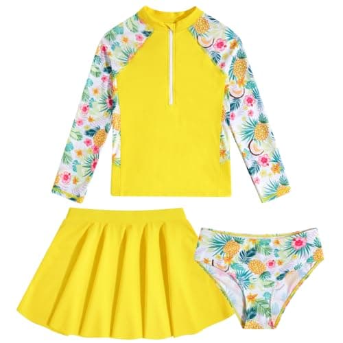 Girls' Rash Guard Yellow 3-Piece Swimsuit Set Long Sleeve Bathing Suits with Skirt Cute Pineapple Print Rashguard Size 6-7