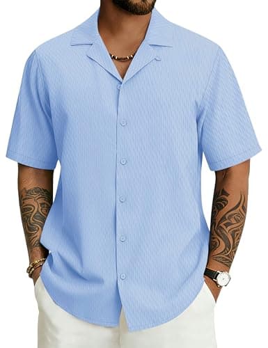 Cotrasen Men's Shirts Short Sleeve Button Down Textured Regular Fit Wrinkle-Free Linen Shirts Summer Cuban Collar Beach Vacation Cruise Shirts LSblue XL