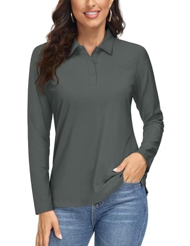 MAGCOMSEN Women's Long Sleeve Polo Shirts Quick Dry Athletic Collared Golf Tops for Work UPF 50+ Moisture Wicking Grey