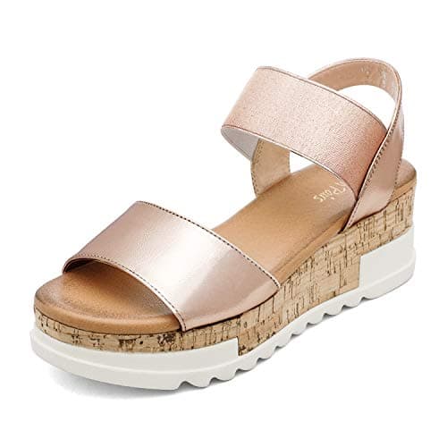 DREAM PAIRS Womens Open Toe Elastic Strap Casual Flatform Platform Wedges Sandals,Size 6,Champagne,REED-2