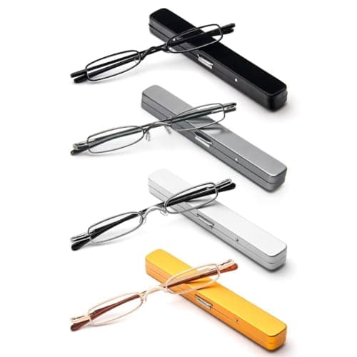 MMOWW Small Reading Glasses Men Women 4 Pairs Slim Pocket Readers with Pen Clip Metal Case Spring Hinge +1.25