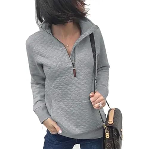 Women's Fashion Quilted Pattern Long Sleeve Casual Zipper Sweatshirt Solid Color Pullover Shirt Top.JNINTH Light Gray