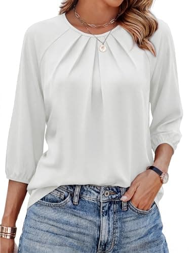Spring Tops for Women 2026 Cruise Outfits Blouses for Women Dressy Casual 3/4 Length Sleeve Womens Tops Pleated Summer Clothes Loose Fit Work Shirts Fall Fashion Clothing 2026 White XL