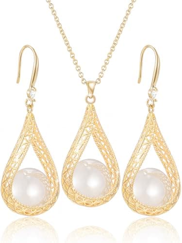Qinpan Big Pearl Necklace and Earring Sets for Women Glod Plated Jewelry Set (White-14K Gold Plated)