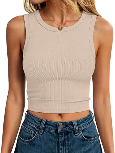 ANRABESS Womens Crop Tank Tops High Neck Sleeveless Ribbed Knit Slim Fit Shirts 2026 Summer Casual Basic Workout Clothes Beige Small