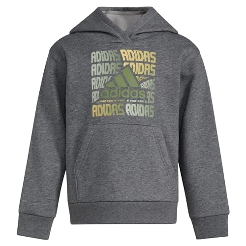 adidas Boys' Long Sleeve Fleece Pullover Hoodie, Charcoal Grey Heather Green, 2T