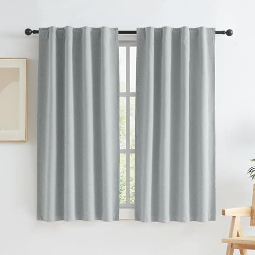 KEQIAOSUOCAI Short Full Blackout Linen Curtains Natural Back Tab Rod Pocket Narrow Curtain Panels for Small Window Cafe Kitchen Curtains 45 Inch Length, 2 Panels,Light Grey, W34 x L45