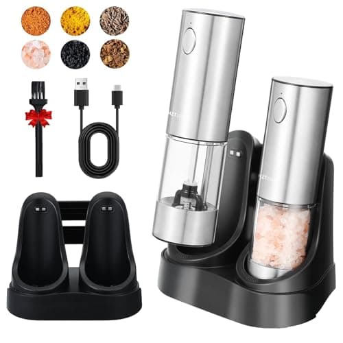 Rechargeable Electric Salt and Pepper Grinder Set with Charging Base, One Handed Automatic Pepper Mill, Adjustable Coarseness, LED Light, Stainless Steel