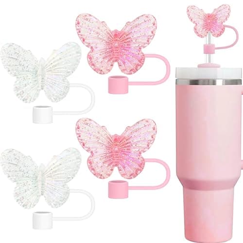 Pink Straw Toppers Set, 4PCS 10mm Butterfly Straw Covers Cap Compatible with Stanley Cups 30&40 Oz Tumbler with Handle, Reusable Silicone Drinking Tips Accessories for Girls