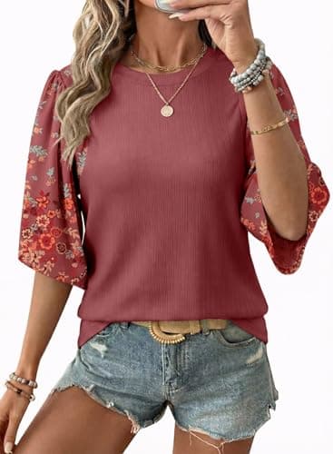 EVALESS 3/4 Length Bell Sleeve Womens Tops Floral Teacher Outfits Red S