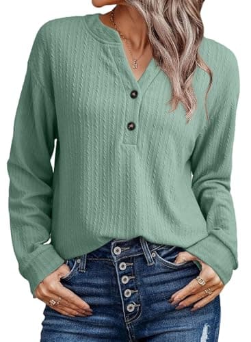 SHEWIN Women Shirts Long Sleeve Ribbed Knit Tops Fall Dressy Tunic Pullover Oversized Sweatshirt Spring Casual Trendy Clothes 2025 V Neck Outfits Green Size S