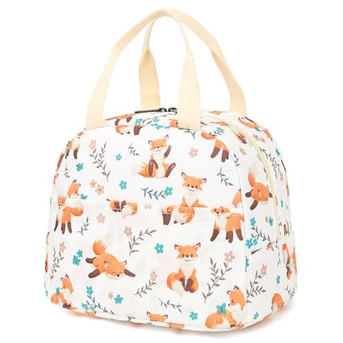 Kouxunt Fox Insulated Lunch Bag for Women Grils, Reusable Tote Lunch Box for Work School Picnic Travel (White)