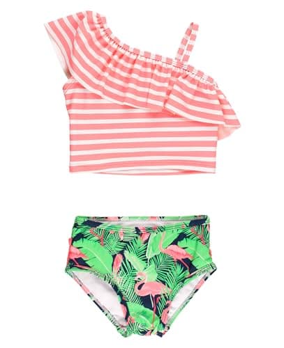 RuffleButts Girls UPF50+ Sun Protection One Shoulder Ruffle Tankini Two Piece Swimsuit - Flamingo Frenzy, 6