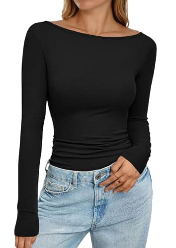 PRETTYGARDEN Long Sleeve Shirts for Women 2026 Fall Boat Neck Ribbed Knit Ruched Spring Going Out Tops Casual Basic Tees (Black,Small)